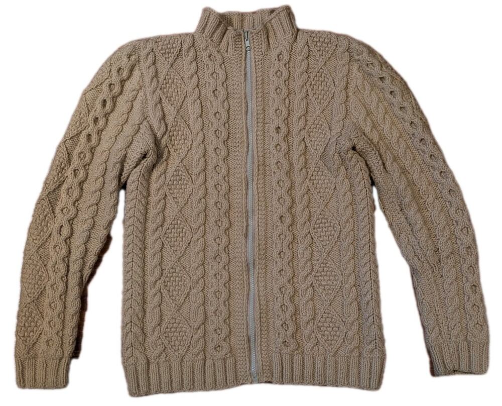 Vintage Handmade Cable Knit Sweater Zip Front Wool Blend XS